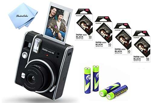 Fujifilm Instax Mini 40 Instant Camera Black + Fujifilm Instax Black Frame Film (40 Exposures) + 4AA Battery + BluebirdSales Cleaning Cloth