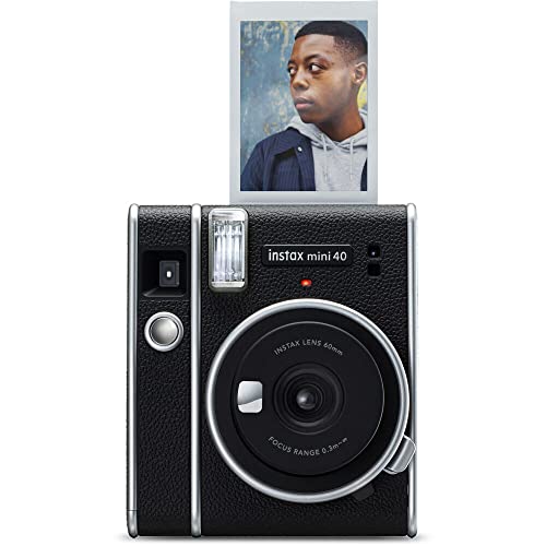 Fujifilm Instax Mini 40 Instant Camera Black + Fujifilm Instax Black Frame Film (40 Exposures) + 4AA Battery + BluebirdSales Cleaning Cloth