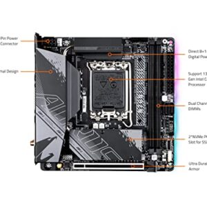 GIGABYTE B760I AORUS PRO (LGA 1700/ Intel/ B760/ Mini-ITX/ DDR5/ Dual M.2/ PCIe 4.0/ USB 3.2 Gen2X2 Type-C/WiFi 6E/ Intel 2.5GbE LAN/Q-Flash Plus/Motherboard)