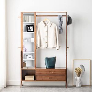 CROSS WIN Bamboo Wooden Garment Rack Freestanding Closet Organizers and Storage Drawers with Mirror&Hooks, Coat Rack, Open Wardrobe for Entryway (40.6(L) x 13 (W) x 66.5 (H))