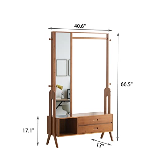 CROSS WIN Bamboo Wooden Garment Rack Freestanding Closet Organizers and Storage Drawers with Mirror&Hooks, Coat Rack, Open Wardrobe for Entryway (40.6(L) x 13 (W) x 66.5 (H))