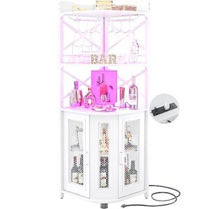 aheaplus corner bar cabinet with power outlet, industrial wine cabinet with led strip and glass holder, 5-tiers liquor cabinet bar unit for home, corner display cabinet for small space, white