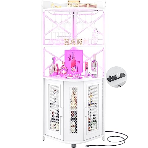 Aheaplus Corner Bar Cabinet with Power Outlet, Industrial Wine Cabinet with LED Strip and Glass Holder, 5-Tiers Liquor Cabinet Bar Unit for Home, Corner Display Cabinet for Small Space, White