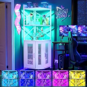 Aheaplus Corner Bar Cabinet with Power Outlet, Industrial Wine Cabinet with LED Strip and Glass Holder, 5-Tiers Liquor Cabinet Bar Unit for Home, Corner Display Cabinet for Small Space, White