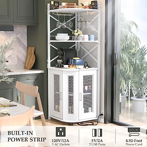 Aheaplus Corner Bar Cabinet with Power Outlet, Industrial Wine Cabinet with LED Strip and Glass Holder, 5-Tiers Liquor Cabinet Bar Unit for Home, Corner Display Cabinet for Small Space, White