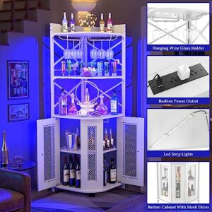 Aheaplus Corner Bar Cabinet with Power Outlet, Industrial Wine Cabinet with LED Strip and Glass Holder, 5-Tiers Liquor Cabinet Bar Unit for Home, Corner Display Cabinet for Small Space, White