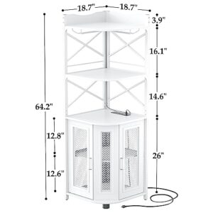 Aheaplus Corner Bar Cabinet with Power Outlet, Industrial Wine Cabinet with LED Strip and Glass Holder, 5-Tiers Liquor Cabinet Bar Unit for Home, Corner Display Cabinet for Small Space, White