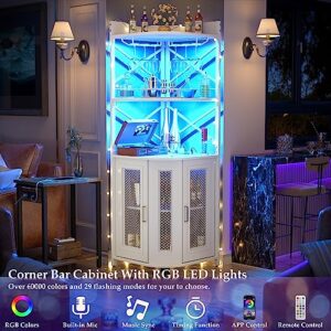 Aheaplus Corner Bar Cabinet with Power Outlet, Industrial Wine Cabinet with LED Strip and Glass Holder, 5-Tiers Liquor Cabinet Bar Unit for Home, Corner Display Cabinet for Small Space, White