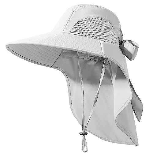 Womens Sun Hat UV Protection, Foldable Waterproof Wide Brim Bucket Hats with Neck Flap for Summer Beach Fishing Hiking Light Grey