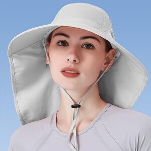 Womens Sun Hat UV Protection, Foldable Waterproof Wide Brim Bucket Hats with Neck Flap for Summer Beach Fishing Hiking Light Grey