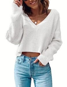 zeagoo women waffle knit shirts cropped long sleeve top fashion v neck pullover sweaters white