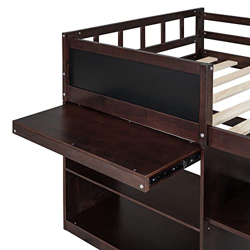 Merax Low Loft Bed Twin with Storage, Solid Wood Bed Frame with Rolling Desk and Drawers, No Box Spring Needed, for Boys & Girls (Espresso)