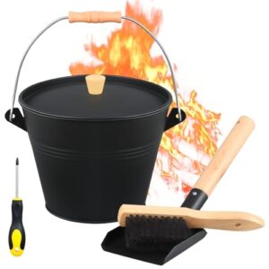 feed garden 1.5 gallon mini ash bucket with lid,shovel,broom and screwdriver,iron metal bucket,pellet charcoal bucket ash can for fireplace fire pits,hearth,wood stoves,indoor outdoor，black