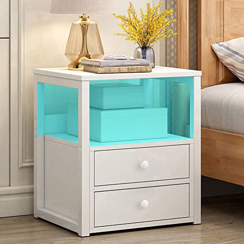 Roozmausy Nightstand with Charging Station LED Lights AC,White nightstand,Bedside Table with Drawer,Bedside Cupboard,Bedside Cabinets,Small Spaces Side End Table (White-2Drawer)