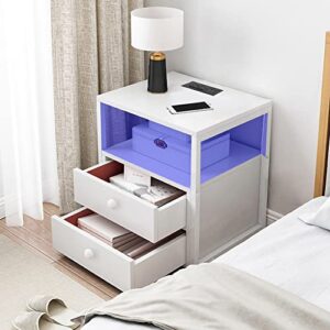 Roozmausy Nightstand with Charging Station LED Lights AC,White nightstand,Bedside Table with Drawer,Bedside Cupboard,Bedside Cabinets,Small Spaces Side End Table (White-2Drawer)