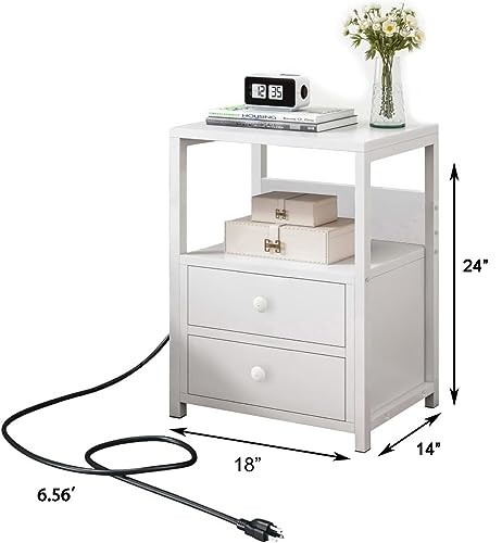Roozmausy Nightstand with Charging Station LED Lights AC,White nightstand,Bedside Table with Drawer,Bedside Cupboard,Bedside Cabinets,Small Spaces Side End Table (White-2Drawer)