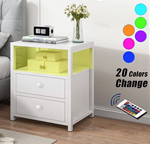 Roozmausy Nightstand with Charging Station LED Lights AC,White nightstand,Bedside Table with Drawer,Bedside Cupboard,Bedside Cabinets,Small Spaces Side End Table (White-2Drawer)