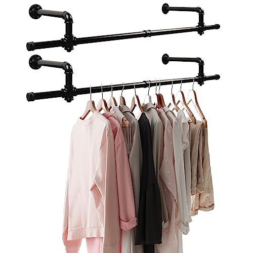 MUZIK 2Pcs Clothes Rack, 45 Inch Industrial Pipe Wall Mounted Garment Rack, Multi-Purpose Closet Rods for Hanging Clothes, Heavy Duty Detachable Hanging Rod for Laundry Room and Closet Storage