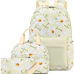 LEDAOU Backpack for Girls School Bag Kids Bookbag Teen Backpack Set Daypack with Lunch Bag and Pencil Case (White Daisy)