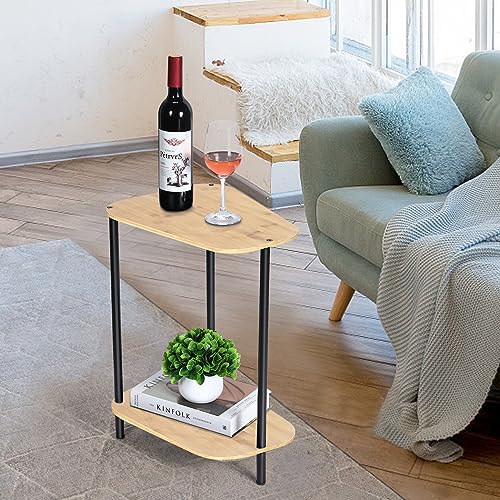 Small Side Table Set of 2, 2 Tier Bamboo End Table Corner Table Wedge Snack Table with Rounded Corner for Small Space, Living Room, Natural Bamboo