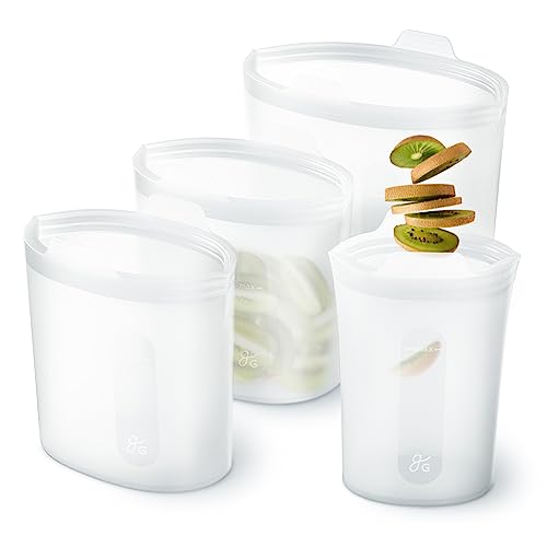 Greater Goods Reusable Silicone Containers for Food Storage, Freezer, Microwave, and Oven Safe Sandwich Containers, Designed in St. Louis (Complete Set of 4), Clear)