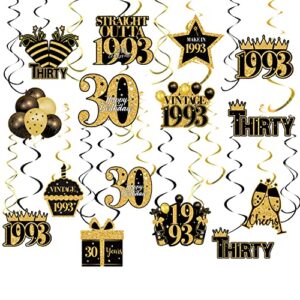 40 pcs 30th birthday decorations hanging swirls for men women, black and gold vintage 1993 happy 30th birthday foil swirls party supplies, thirty year old birthday ceiling hanging decorations