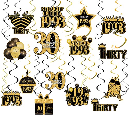 40 Pcs 30th Birthday Decorations Hanging Swirls for Men Women, Black and Gold Vintage 1993 Happy 30th Birthday Foil Swirls Party Supplies, Thirty Year Old Birthday Ceiling Hanging Decorations