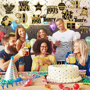 40 Pcs 30th Birthday Decorations Hanging Swirls for Men Women, Black and Gold Vintage 1993 Happy 30th Birthday Foil Swirls Party Supplies, Thirty Year Old Birthday Ceiling Hanging Decorations