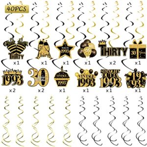 40 Pcs 30th Birthday Decorations Hanging Swirls for Men Women, Black and Gold Vintage 1993 Happy 30th Birthday Foil Swirls Party Supplies, Thirty Year Old Birthday Ceiling Hanging Decorations