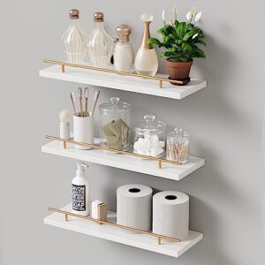 senjie floating shelves for wall,bathroom shelf set of 3,wall shelves for bedroom,kitchen,living room,invisible brackets,white and gold