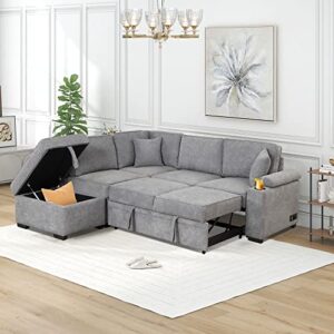 harper & bright designs 87.4" sleeper sofa bed, 2 in 1 pull out sofa bed l-shape couch with storage ottoman for living room, bedroom and small apartment, gray