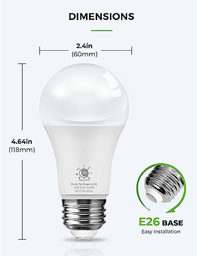 LOHAS Dusk to Dawn Sensor Light Bulbs Outdoor, A19 12W(100 Watt Equivalent) LED Bright Porch Lighting, Daylight White 5000K, 1100LM, Auto-On/Off, E26 Base for Outside, Garage, Patio, Yard, 2 Pack