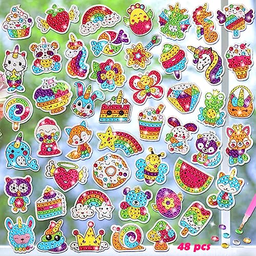 48pcs Diamond Painting Stickers, Art and Crafts Big Gem Art Set for Kids Ages 4-6 6-8 8-12 Boy Girls 5D Sparkle Dot Suncatcher Kit Toys Gift for Birthday Party Halloween Christmas Goodie Bag Fillers
