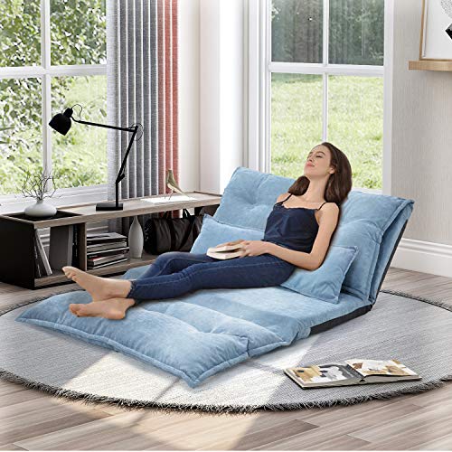 Merax Floor Sofa, Foldable Lazy Sofa Sleeper Bed with 2 Pillows, Adjustable Lounge Sofa Gaming Sofa Floor Couches 5-Position for Bedroom, Living Room, and Balcony, Blue