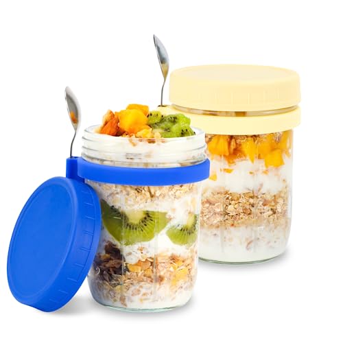 HOXHA Overnight Oats Containers With Lids And Spoon Glass Mason Jars Reusable With 12 Oz Measurement Marks For Cereal Yogurt And Parfait