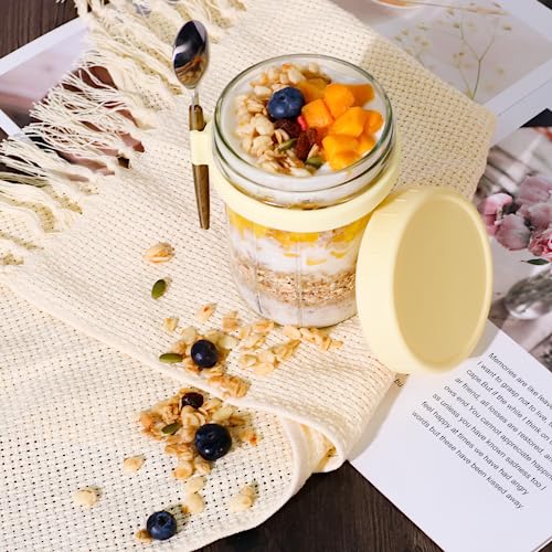 HOXHA Overnight Oats Containers With Lids And Spoon Glass Mason Jars Reusable With 12 Oz Measurement Marks For Cereal Yogurt And Parfait