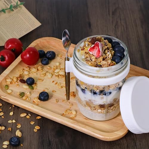 HOXHA Overnight Oats Containers With Lids And Spoon Glass Mason Jars Reusable With 12 Oz Measurement Marks For Cereal Yogurt And Parfait