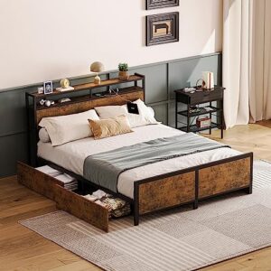 wasagun led queen bed frame, 2-tier storage wood headboard with usb ports and outlets, platform bed with 4 storage drawers, strong metal slats support frames, noise-free, easy assembly, vintage brown