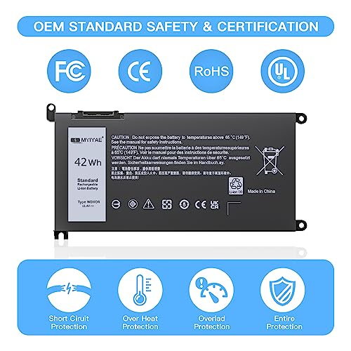 MYIYAE 42Wh WDX0R Replacement Laptop Battery for Dell Inspiron 15 5568 5567 5570 7579, 11.4V WDXOR Standard Rechargeable Li-ion Battery for Dell Inspiron 13 7378 Latitude 3180 3380 3590 Vostro 5581