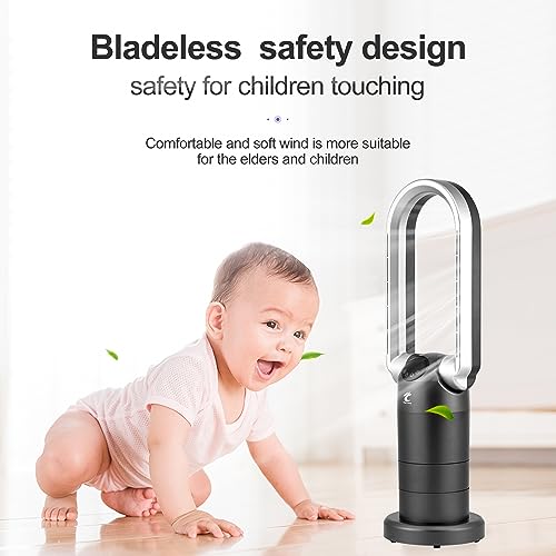 Ocean Loong Bladeless Tower Fan and Air Purifier in one, 9 Speeds & 9 Hs Timer Quiet Cooling Fan, 120 ° Oscillating Bladeless Fan with Remote, 29 inch Powerful Floor Fan for Bedroom Room -Gray