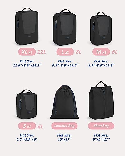 Packing Cubes for Suitcases, BAGSMART 6 Carry On Suitcase Organizer Bags Set Travel Packing Cubes for Women, Lightweight Luggage Organizer Bags with Shoe Bag & Luandry Bag, Black