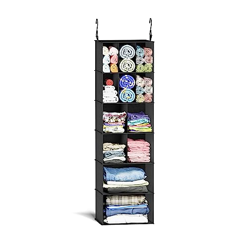 SUOCO Hanging Closet Organizer and Storage with Dividers, 12 Compartments Clothes Shoes Accessories Shelf for Wardrobe, Nursery, Cloakroom or RV, Black, 1 Pack