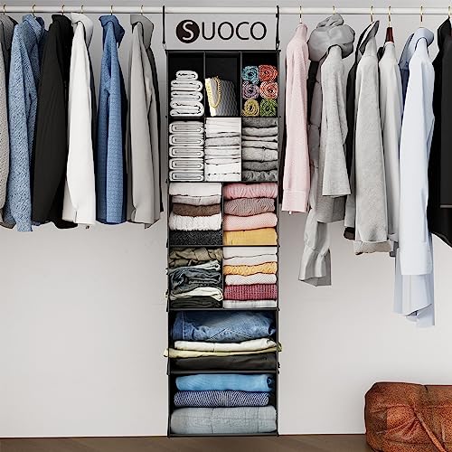 SUOCO Hanging Closet Organizer and Storage with Dividers, 12 Compartments Clothes Shoes Accessories Shelf for Wardrobe, Nursery, Cloakroom or RV, Black, 1 Pack