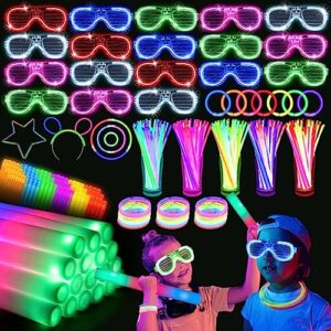 shqdd 136pcs glow in the dark party supplies, 18 pcs foam glow sticks, 18 pcs led glasses and 100pcs glow sticks bracelets,neon party favors for glow party, wedding, concert,raves and birthday