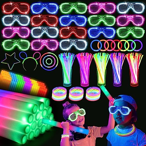 SHQDD 136PCS Glow in the Dark Party Supplies, 18 PCS Foam Glow Sticks, 18 PCS LED Glasses and 100PCS Glow Sticks Bracelets,Neon Party Favors for Glow Party, Wedding, Concert,Raves and Birthday