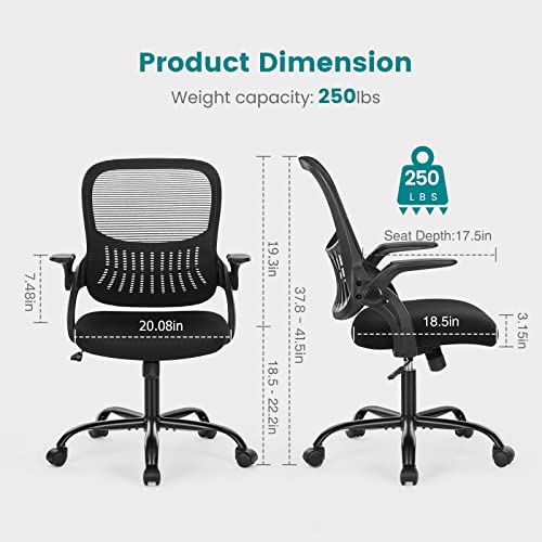 Ergonomic Office Chair with Flip-Up Arms, Home Office Desk Chairs with Wheels, Lumbar Support - Swivel Rolling Mesh Chair with Rock & Lock for Gaming- Computer Chair with Breathable Design