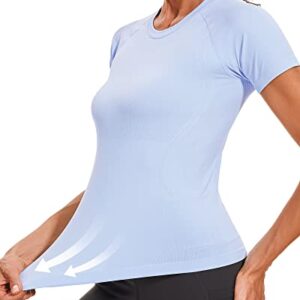 Stelle Women Workout Shirts Seamless Short Sleeve Yoga Tops for Sports Running Breathable Athletic Slim Fit (Short Sleeve-Blue,S)