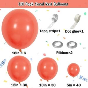 KALOR Coral Red Balloons Garland Arch Kit 110Pcs - Different Sizes 18/12/10/5 Inch Party Balloons for Birthday Baby Shower Wedding Graduation Party Decorations