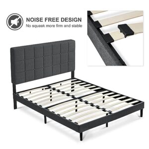 Molblly Queen Bed Frame with Upholstered Headboard, Platform Bed Frame with Sturdy Wood Slat, Linen Fabric Wrap, Non-Slip and Noise-Free,No Box Spring Needed, Easy Assembly, Grey