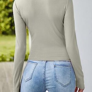 MEROKEETY Women Long Sleeve Slim Fit Crop Shirt Ribbed Knit Tops Casual Round Neck Y2K Tees Grey Small